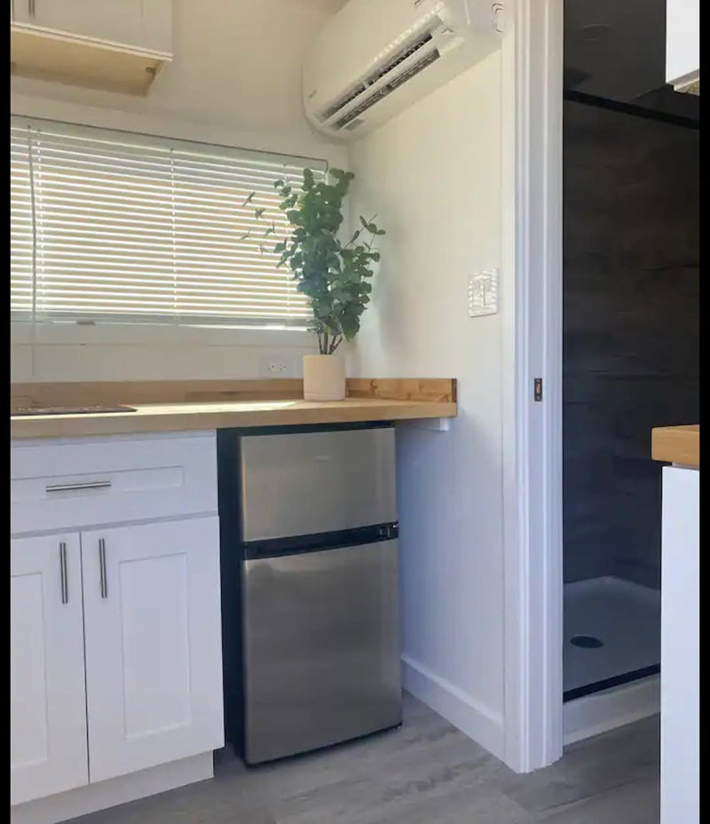 Small kitchenette with refrigerator, countertop, and plant in a compact living space.